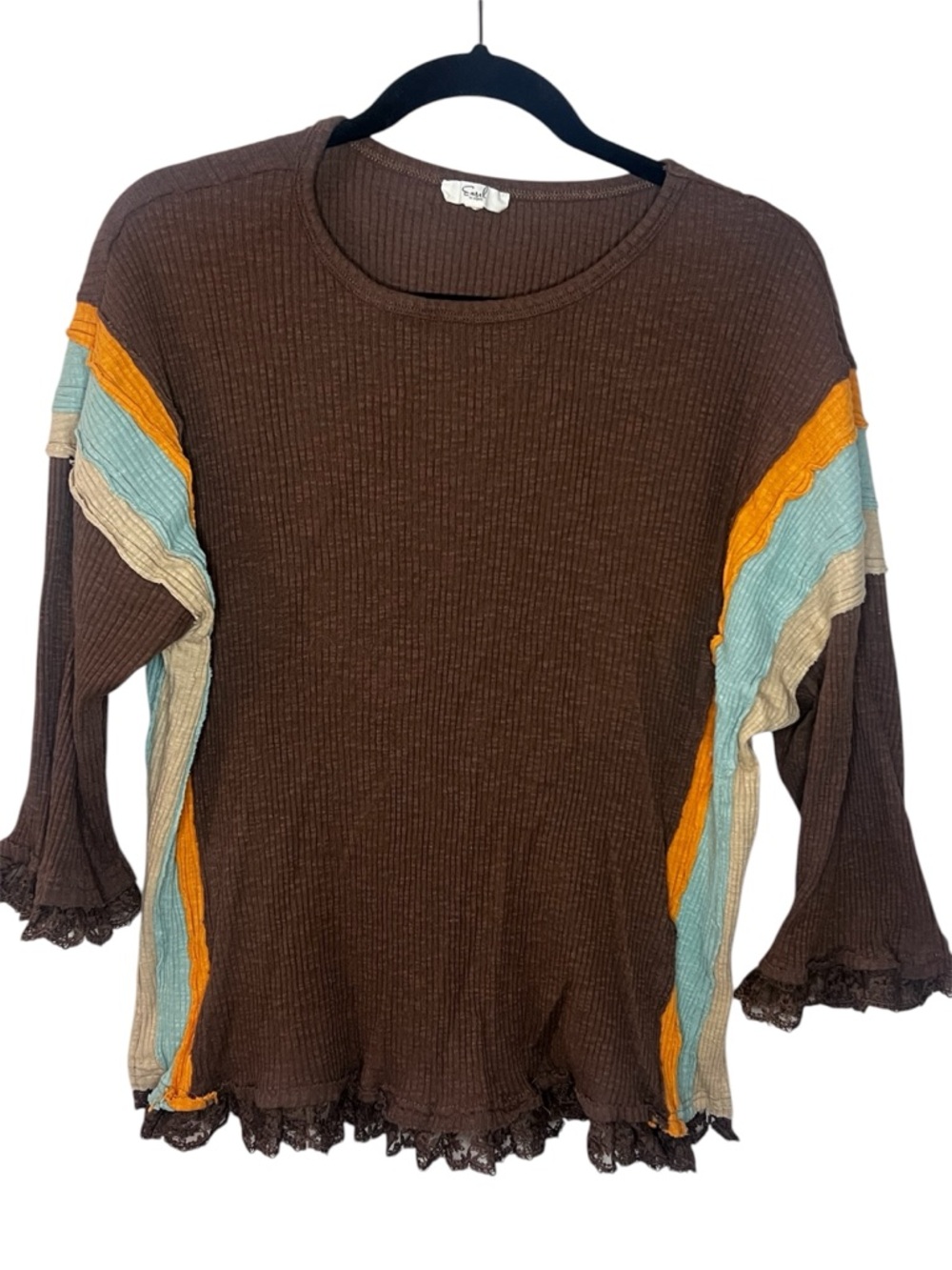 easel Brown Ribbed Colorblock Top with Lace Trim